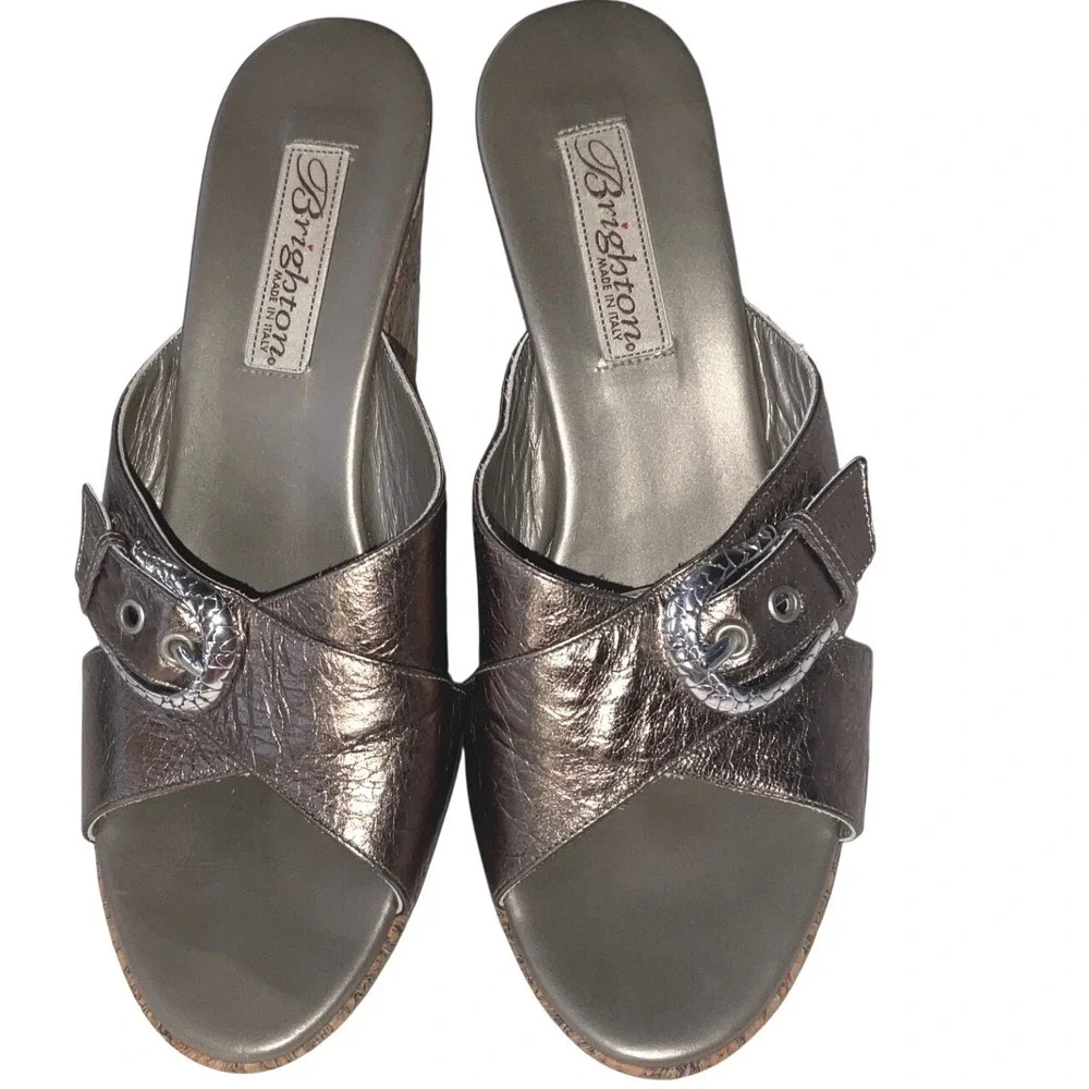 Brighton Metallic Bronze Leather Cork Wedge Sandals Made‎ in Italy Womens 9